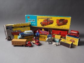 Boxed Corgi toys: Chipperfields Circus Crane Truck and Cage, Ford Zephyr Estate Car, part set of
