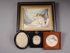 An early 19th century watercolour, woman and cherub, in Hogarth frame, and three miniatures, various