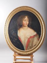 English late 17th century School: oil on canvas, portrait of an unknown woman with string of pearls,