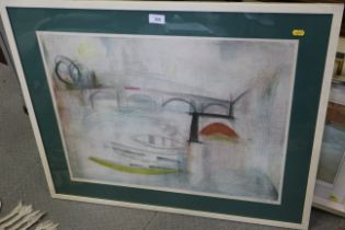 G Fuchs: coloured lithograph, abstract with boats and a bridge, in white strip frame, a study of