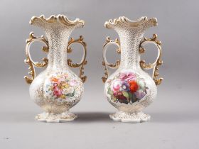 A pair of early 19th century Worcester bulbous flared rim vases with gilt scrolled handles and