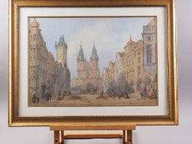 J Deutze, '79: a 19th century watercolour, Prague Old Town Square with Tyn Church, 12 1/2" x 18 1/