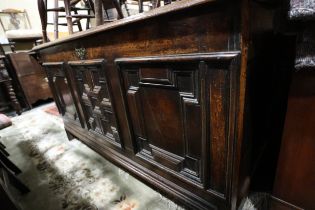 An 18th century three fielded panel front coffer, 54" wide x 23" deep x 28" high