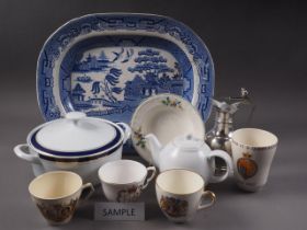 A London Pottery Globe teapot, a quantity of commemorative china, a blue and white willow pattern