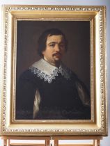 An oil on canvas portrait of a 17th century Dutch merchant with lace collar, 25 1/2" x 18 1/2", in