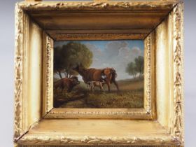 English 19th century Naive School: oil on panel, cattle in a field, 5" x 6 1/2", in deep gilt frame