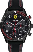 A Scuderia Ferrari Pilota Chronograph quartz wristwatch on back leather and silicone strap with red