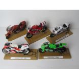 A set of five scale model racing bikes including Suzuki RGV, Honda NRS and Kawasaki Ninja.