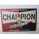 A contemporary metal garage spark plug pin up style advertising sign 'Americas Favourite Champion