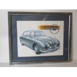 A framed print of the Jaguar MKII. 48 x 58cm inc frame.