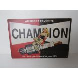 A contemporary metal garage spark plug pin up style advertising sign 'Americas Favourite Champion