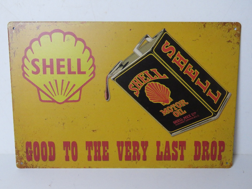 A contemporary metal garage Shell advertising sign 'Good To The Very Last Drop', 30 x 20cm.