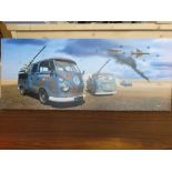 A large contemporary canvas print of military themed VW 'pick-up trucks' 'Desert Rat' from a