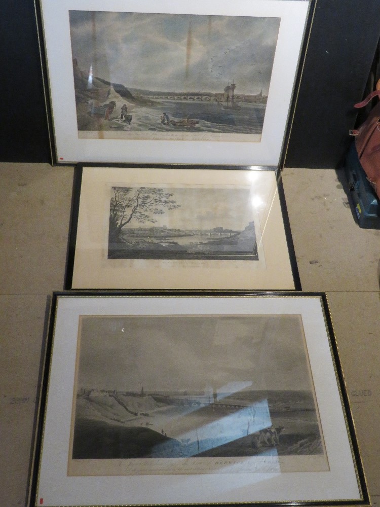 Three large steel engravings of bridges, framed and glazed.