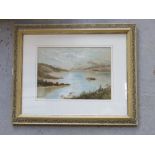 Watercolour of a Scottish Loch having mountains beyond, framed and mounted in floral carved frame,