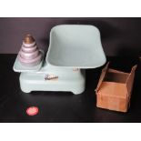 A green painted Weylux 'The Princess' set of weighing scales together with silver painted weights.