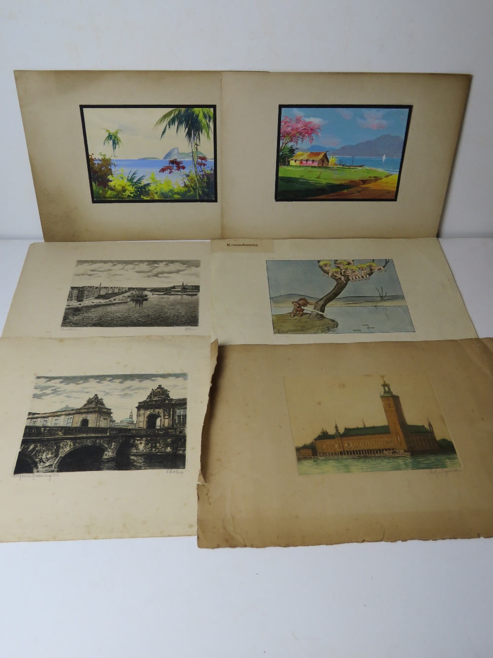 Six assorted paintings and prints including early 20th century cartoon.