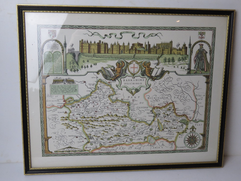 A contemporary print of a Berkshire map dated 1350, framed and glazed, overall size 61 x 49cm.