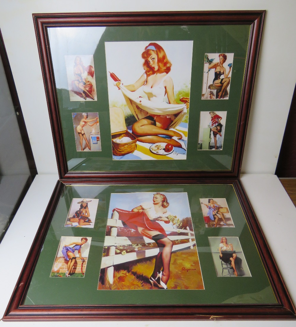 Four Pin Up Girl print montages in matching frames, glazed.