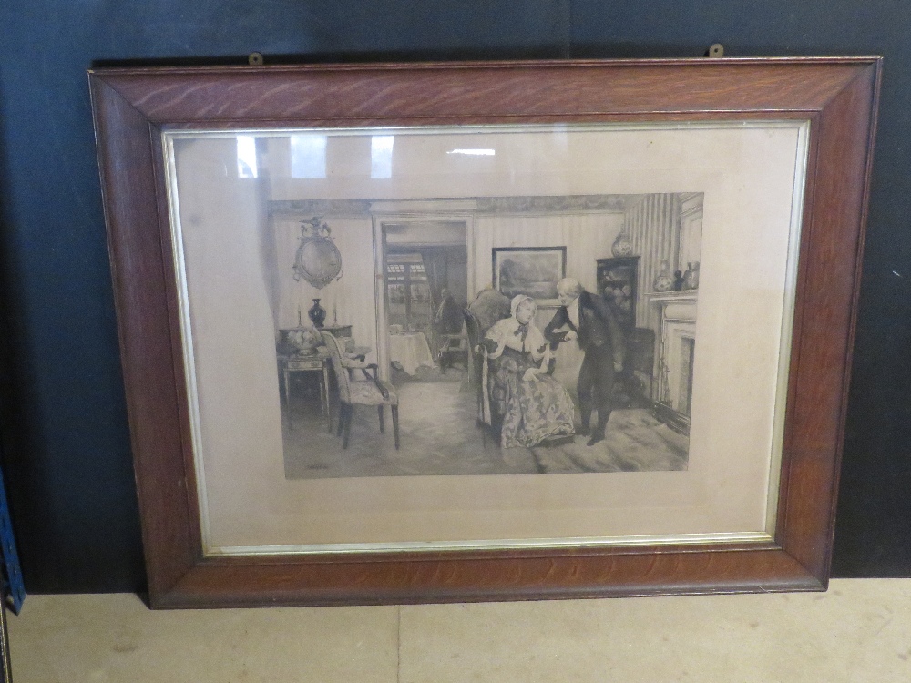 A large steel engraving in antique oak frame.