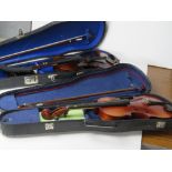 Two violins, one bearing label Michael Poller and having P&H London bow, in case,