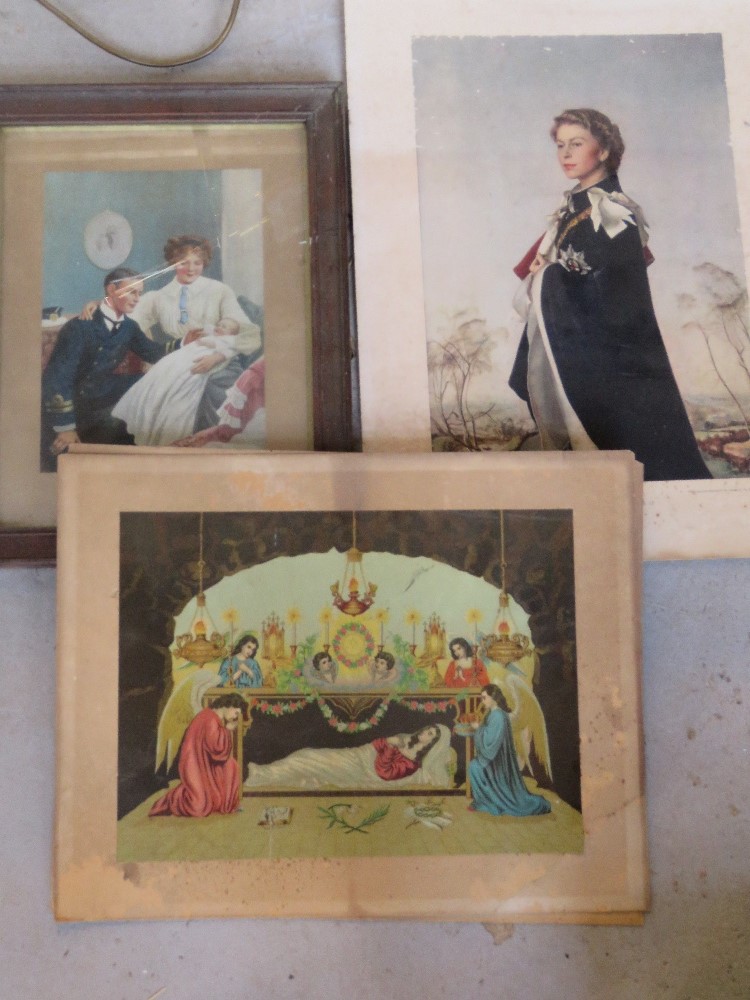 Three vintage prints including portrait of Queen Elizabeth II,