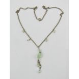 A silver pearl and green quartz necklace, stamped 925 to clasp.