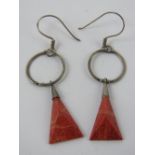 A pair of white metal and faux coral earrings, no apparent hallmarks, 5.5cm drop.