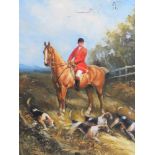 Oil on canvas; Huntsman in the saddle with hounds at foot, trees and sky beyond, unsigned,