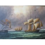 Oil on canvas, laid on board; 20thC Marine School, three clippers on choppy waters,