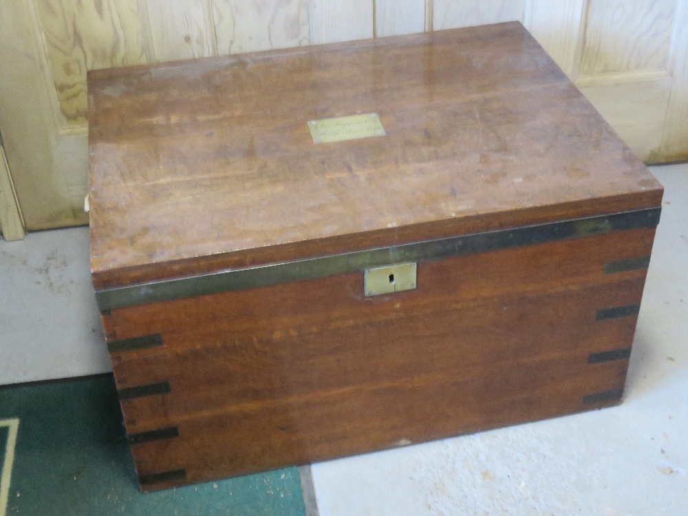 A fine 19thC cutlery chest having brass edging and corner bracing with engraved brass name plate to