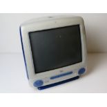 A blue retro Apple iMac.