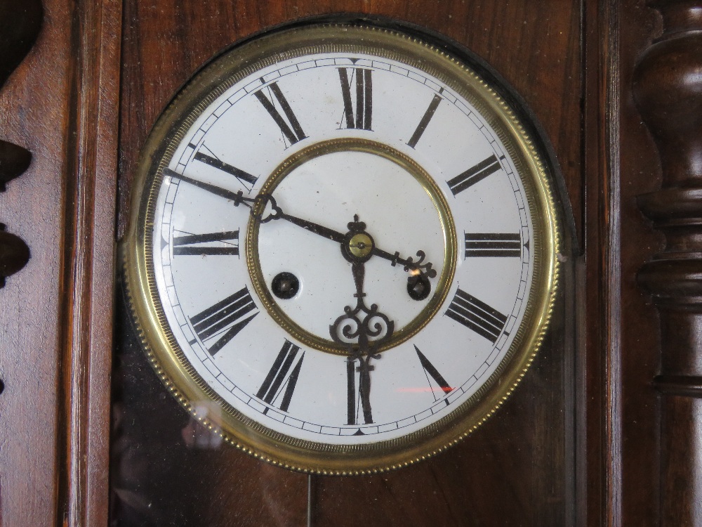 A mahogany wall clock having brass and white enamelled dial, - Image 3 of 5