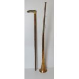 A copper and brass coaching horn together with an antler handles walking stick.