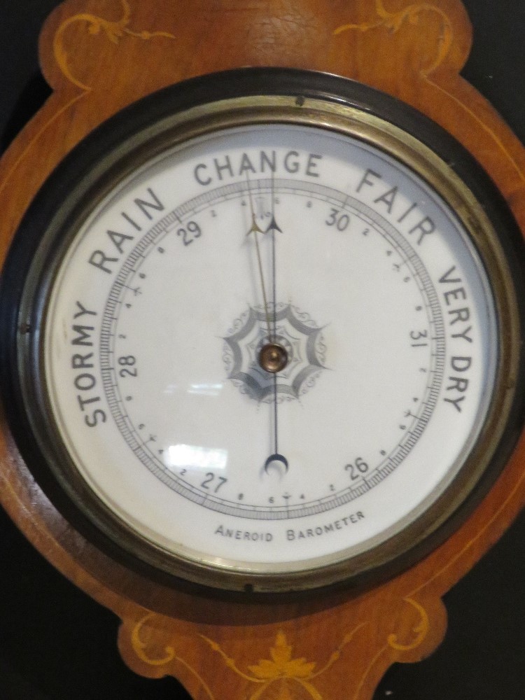 An Edwardian inlaid wooden Aneroid barometer, thermometer missing. - Image 2 of 2