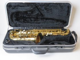 A saxophone numbered 2056553, in DJM Music case.
