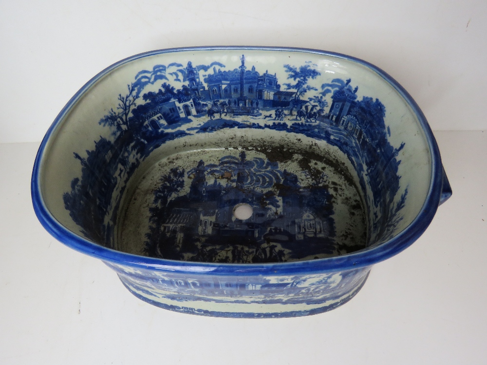 A large blue and white planter, blue glaze, Italian style city scenes upon. - Image 2 of 4