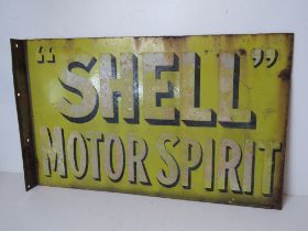 A double sided Shell Motor Spirit enamelled sign having angled bracket approx 53.5 x 33cm.