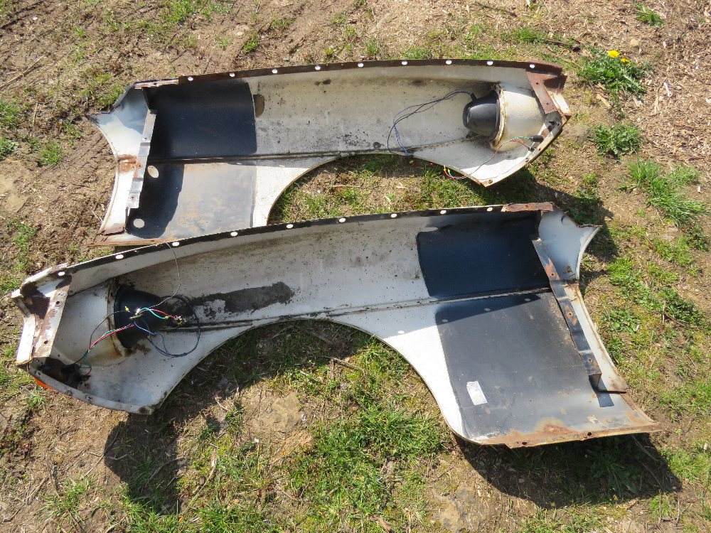 A pair of vintage car wings with headlight mounts and indicators, believed to be for an MG. - Image 4 of 4