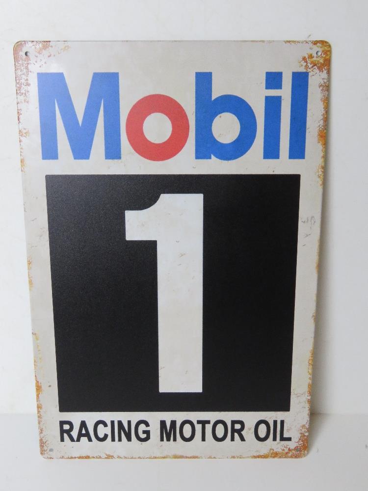 A contemporary metal garage Mobil Racing Motor Oil advertising sign, 30 x 20cm.