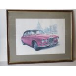 A large framed and mounted print of a Jaguar G Reg 1959 Sovereign, measuring approx 54 x 67cm.