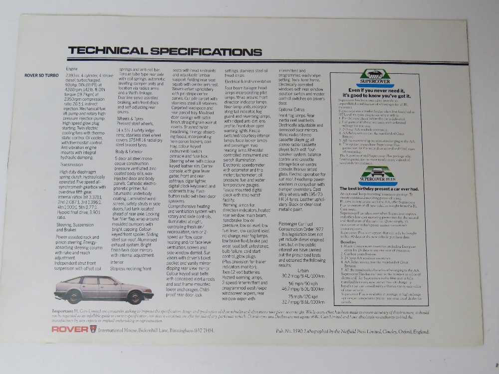 A Technical Specifications brochure for the Rover SD Turbo. - Image 3 of 4