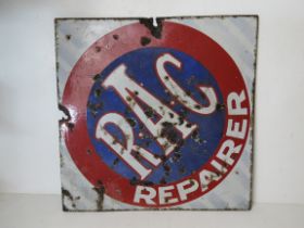 A rare double sided enamelled RAC Repairer sign measuring approx 51 x 51cm.