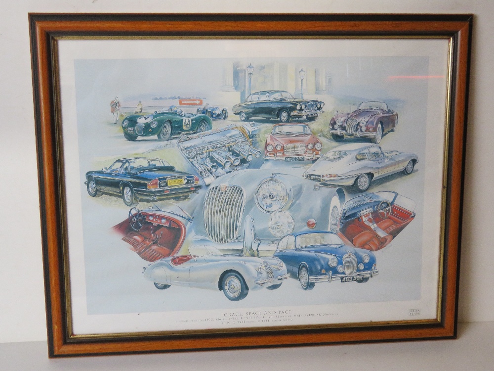 Print; 'Grace Space and Pace' featuring a selection of vintage Jaguar Motor Cars inc the 420G,