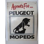 A painted advertising board 'Agents for Peugeot Mopeds', measuring approx 61 x 81cm.