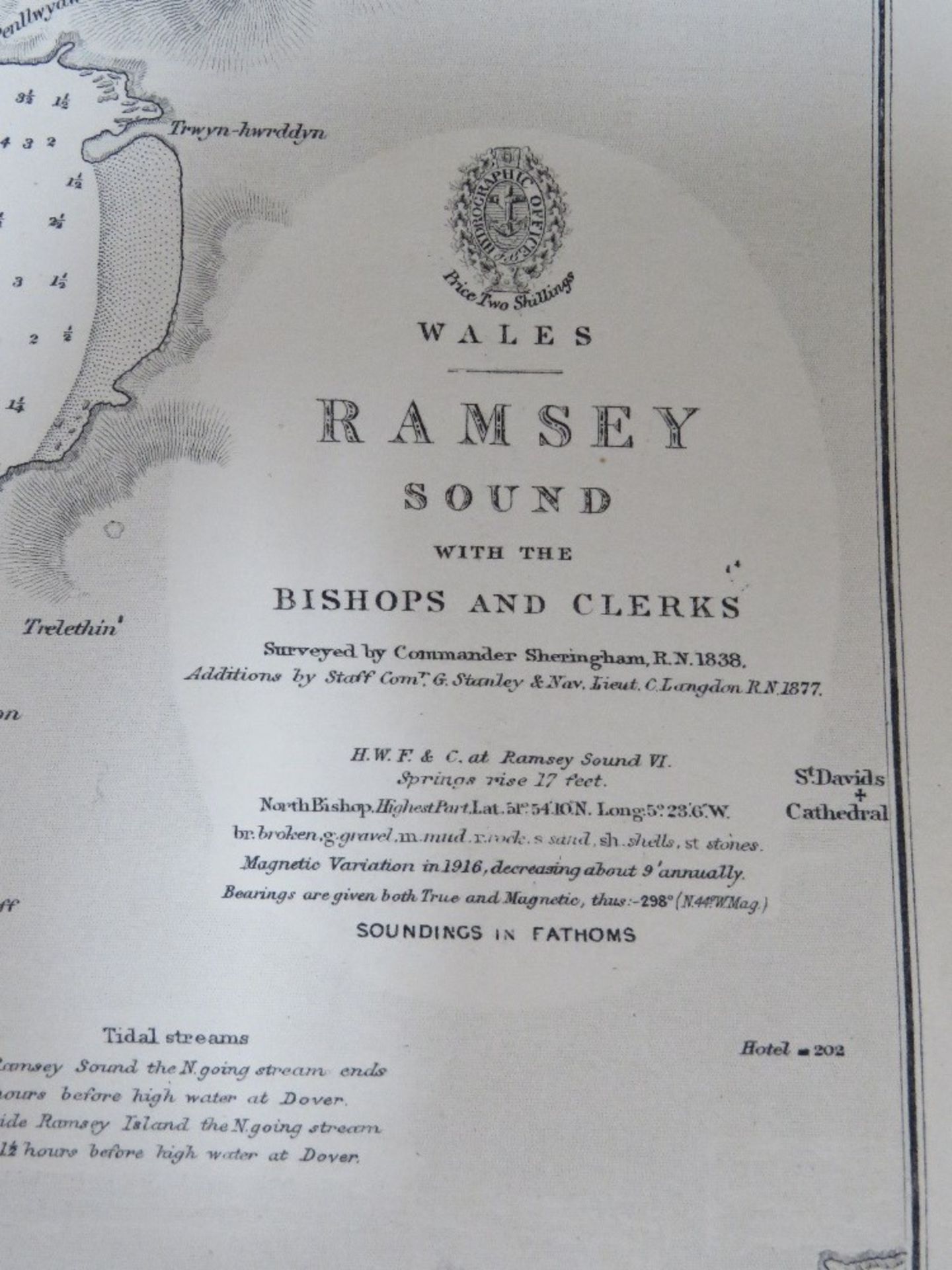 A Naval chart of Ramsey Sound surveyed by Commander Sherringham and printed by J & C Walker. - Image 2 of 4