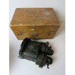 A Ross of London Binocular Gunsight having broad arrow to binocular and fitted wooden box, patt.