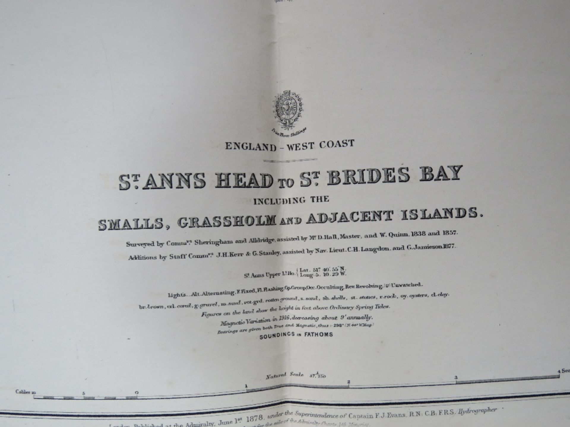 A Naval chart of St Anns Head to St Brides Bay surveyed by Commanders Sherringham and Alldridge, - Image 2 of 4