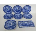 A Copeland Spode Italian pattern blue and white high tea set comprising six plates,