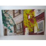 A pair of contemporary acrylic paintings of buildings with ivy upon, each measuring 40.5 x 51cm.